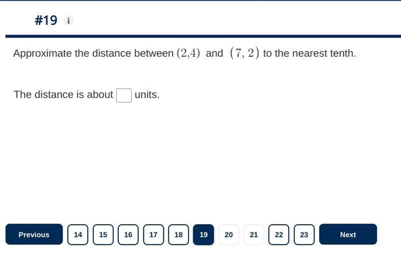 Approximate the distance between (2,4) and (7, 2) to the nearest tenth.-example-1