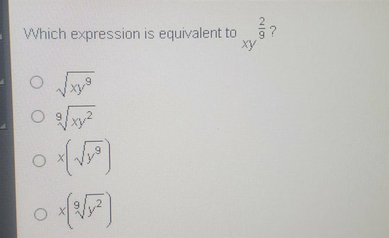 Which expression is equivalent to O xy √xy² X Ox/² 20 Which expression is equivalent-example-1