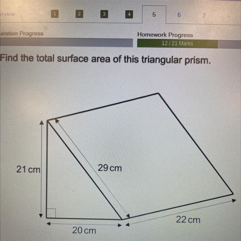 Find the total surface area of this triangular prism. 21 cm 29 cm 22 cm 20 cm-example-1