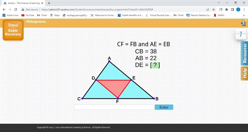 CF = FB and AE = EB, CB = 33, AB = 22, DE =-example-1