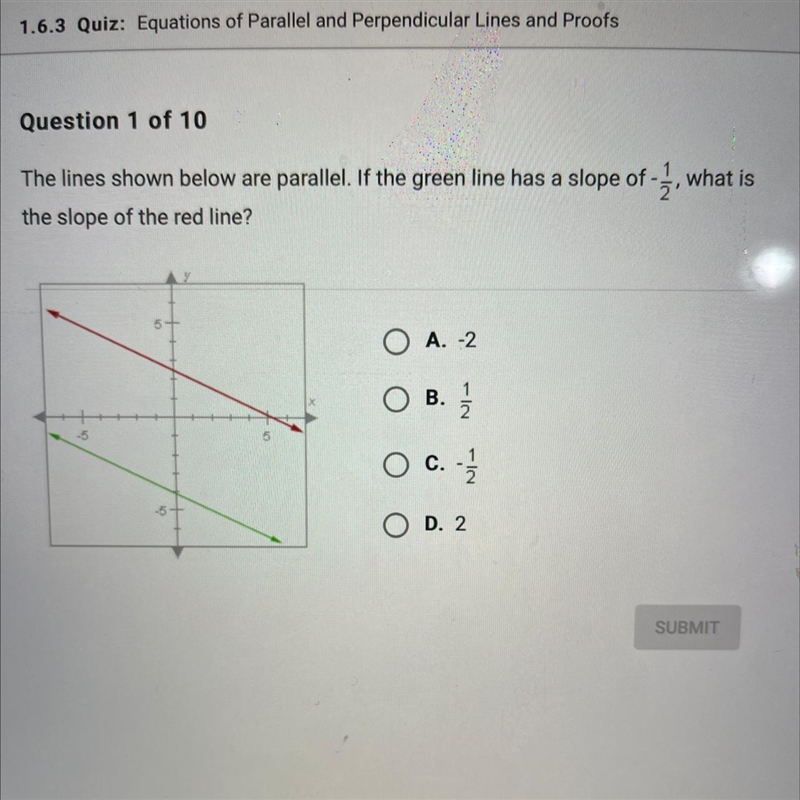 The lines shown below are parallel. If the green line has a slope of -2, what is the-example-1