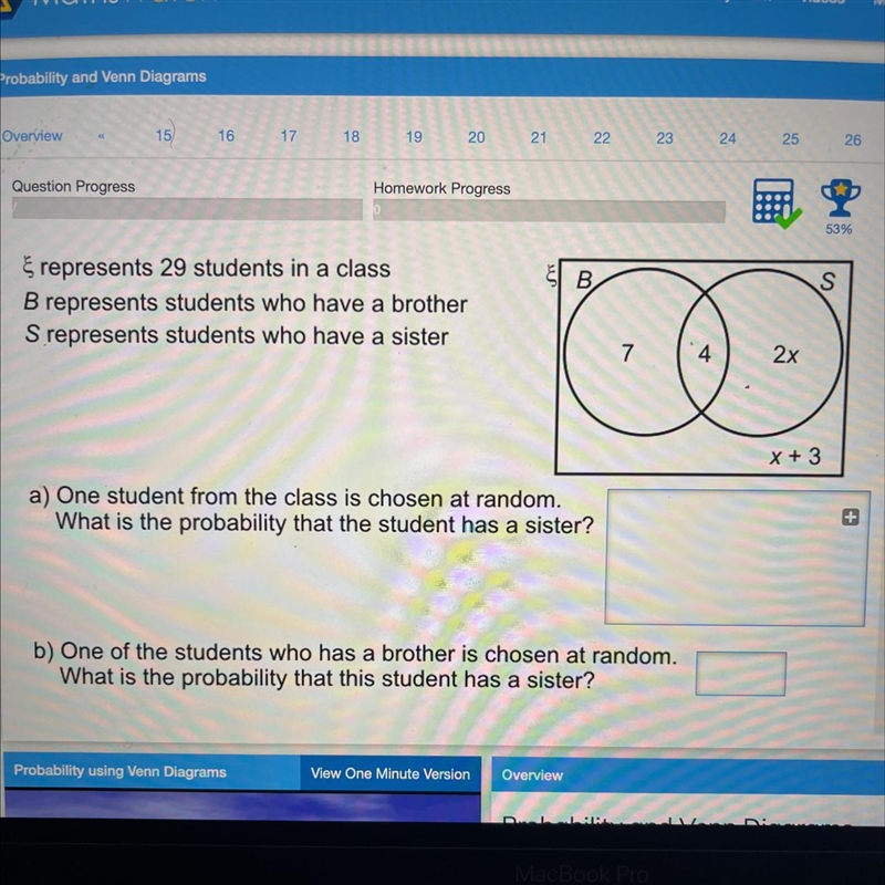 Question Progress Homework Progress a) 54% b) A whole number from 1 to 15 inclusive-example-1