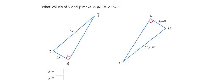 What values of x and y make △QRS≅△FDE?-example-1