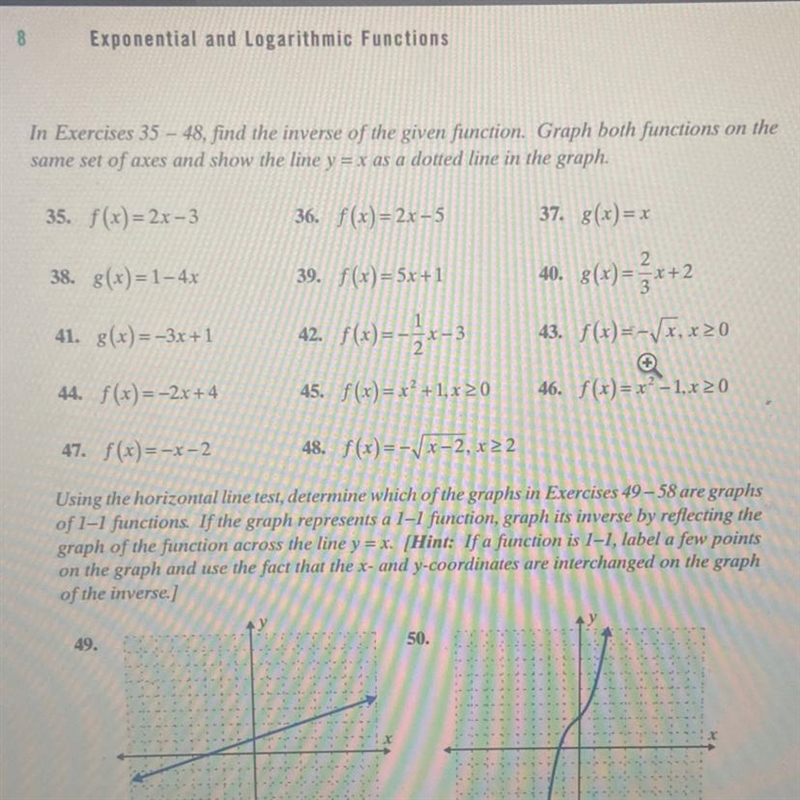 Question 35.Find the inverse of the given function. Graph both functions on the same-example-1