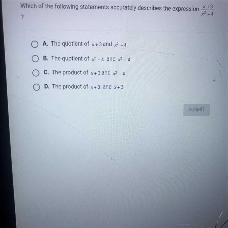 Which of the following statements accurately describes the expressionx +3x² - 4?A-example-1