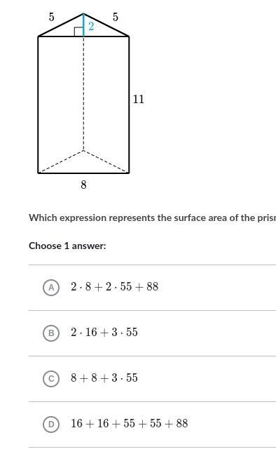 Which expression represents the surface area of the prism?-example-1