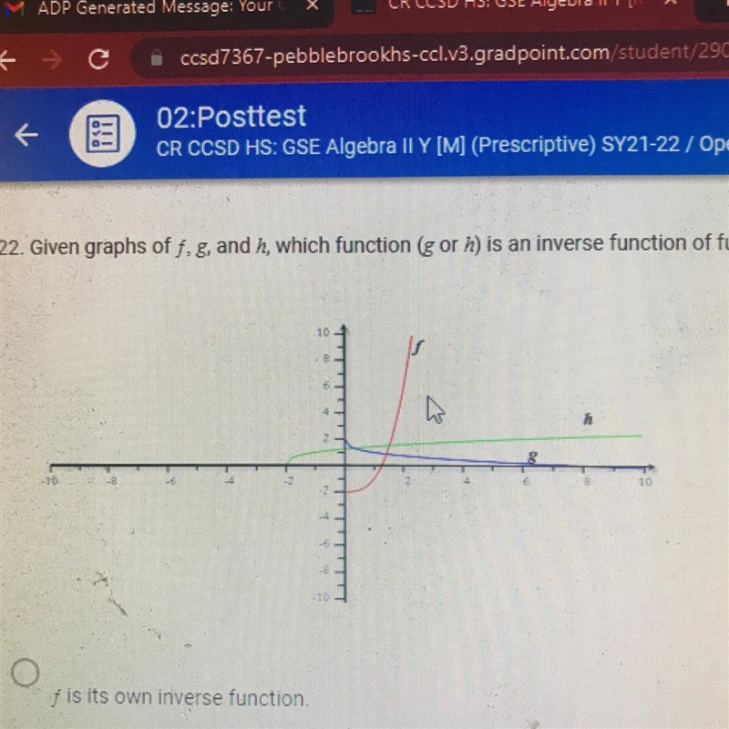 Given graphs of f, g, and h, which function (g or h) is an inverse function of function-example-1