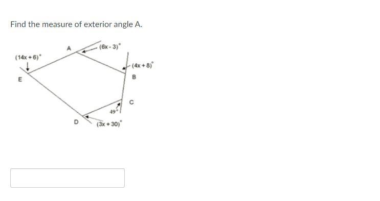 Find the measure of exterior angle A.-example-1