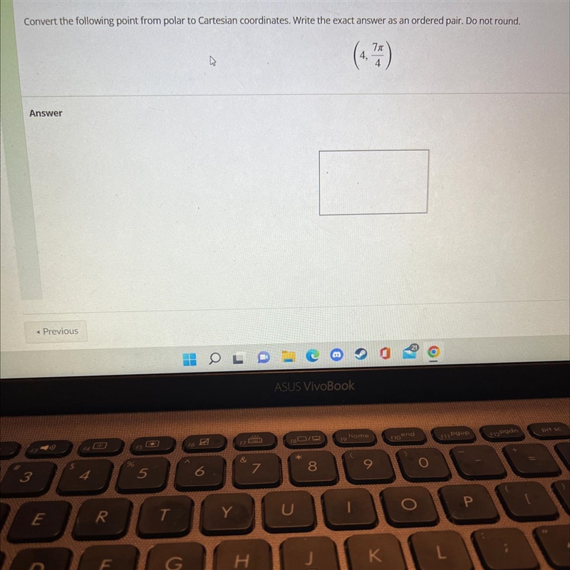 Convert the following point from polar to Cartesian coordinates. Write the exact answer-example-1