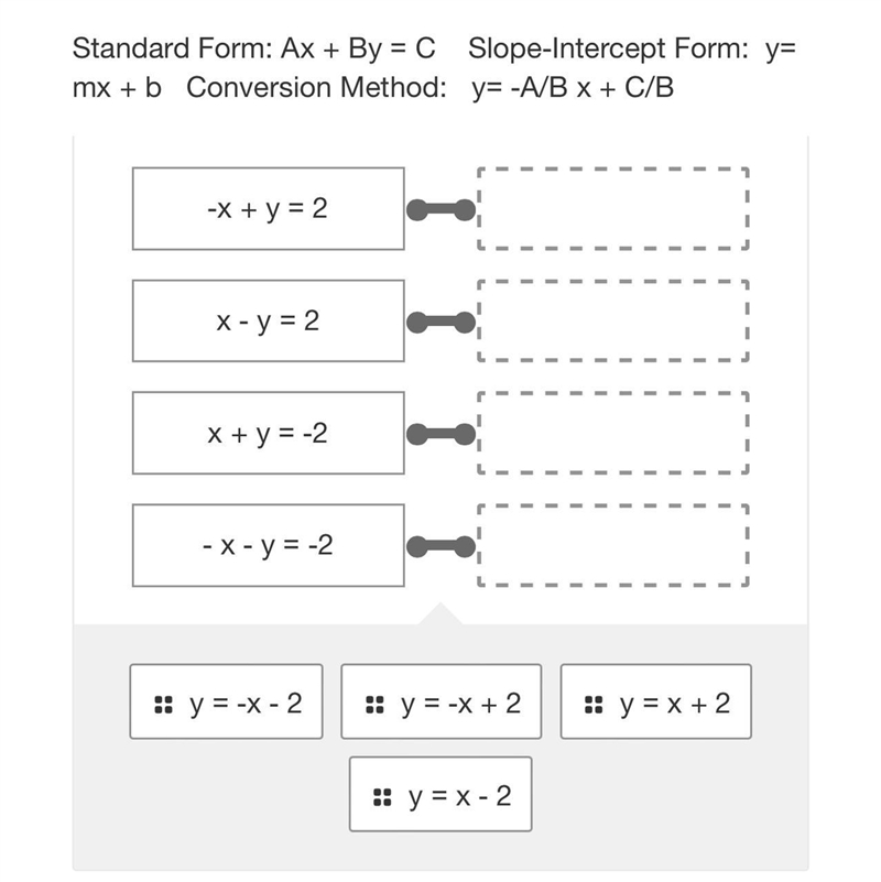 Match the correct slope-internet form of an equation with the standard form of the-example-1