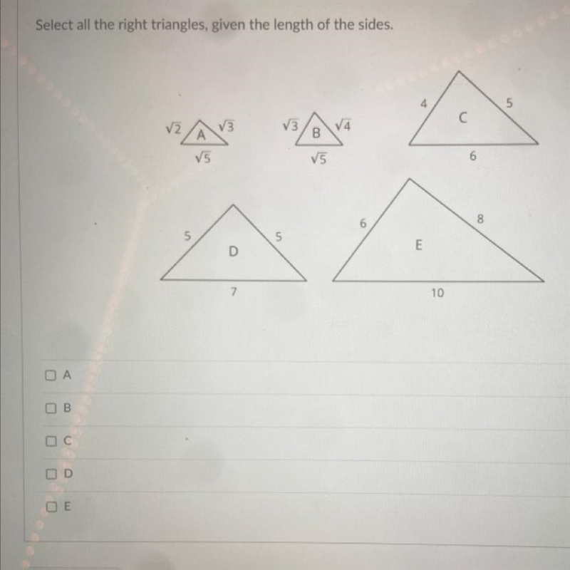 Select all the right triangles, given the length of the sides-example-1