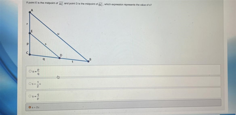 If point E is the midpoint of point AC and point D is the midpoint of BC which expression-example-1