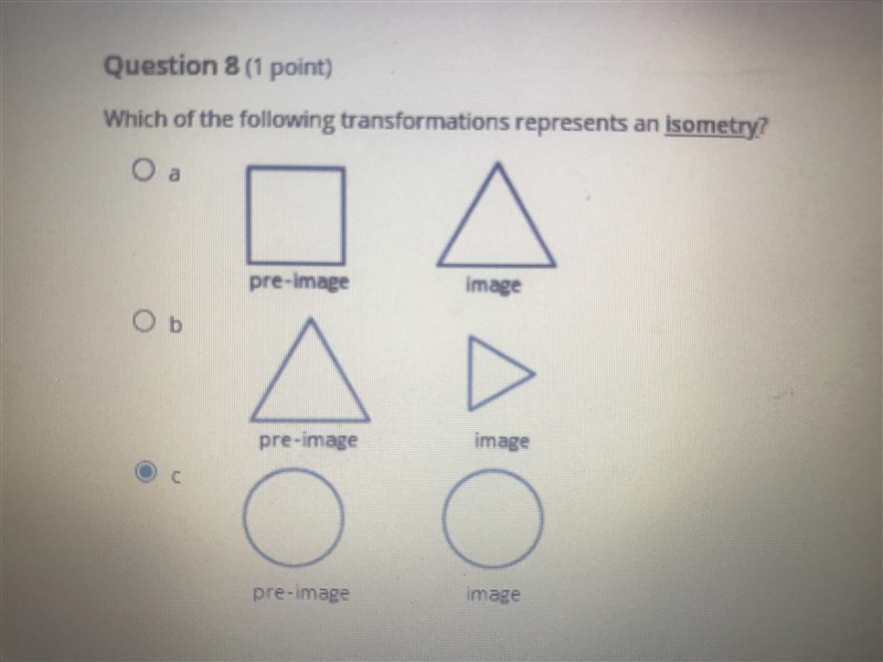 Which of the following transformations represents an isometry?-example-1