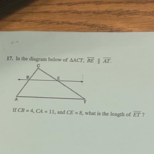 CB = 4, CA = 11 , and CE = 8 , what is the length of overline ET ?-example-1