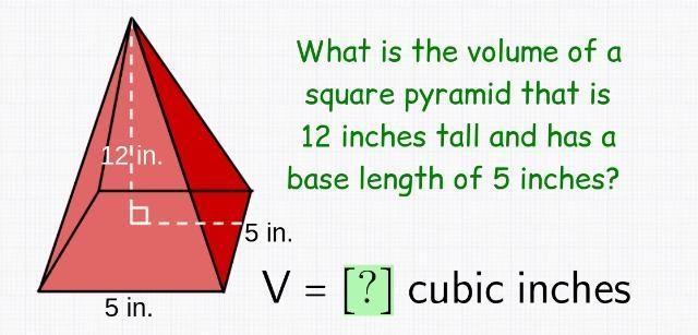 What is the volume of a sqaure pyramid that is 12 inches tall and has a base length-example-1