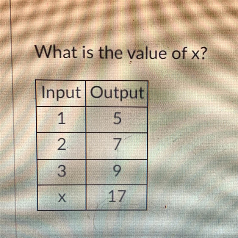 What is the value of x? Input Output 1 5 2 7 3 9 Х 17-example-1