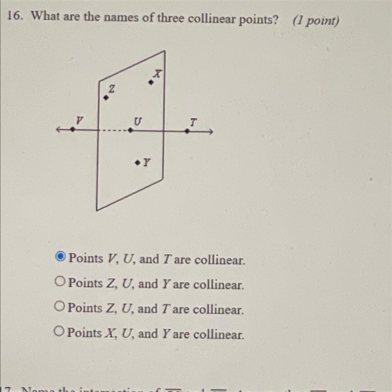 A. points V,U, and T and collinear b. points Z,U, and Y are collinear c. points Z-example-1