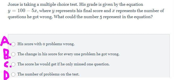 PLS HELP Josue is taking a multiple choice test. His grade is given by the equation-example-1