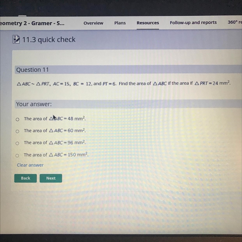 Find the area of ABC if the area of PRT=24 mm^2-example-1