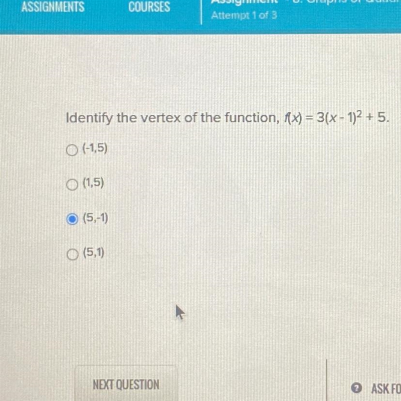 Identify the vertex of the function, F(x) =3(x-1)2 + 5.-example-1