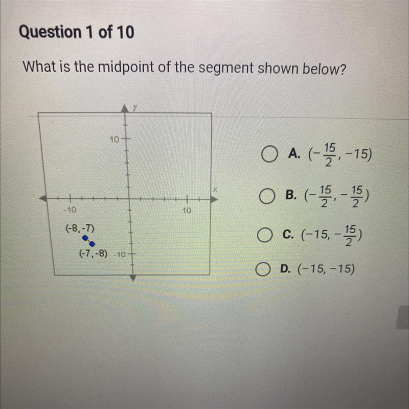 What is the midpoint of the segment shown below?1010-10(-8,-7)(-7,-8) -10- A. (-15, -15)B-example-1