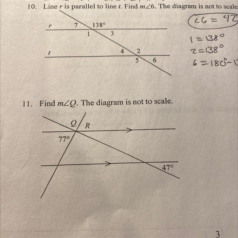 11. Find m/Q. The diagram is not to scale. Q/ R 77° 47°-example-1