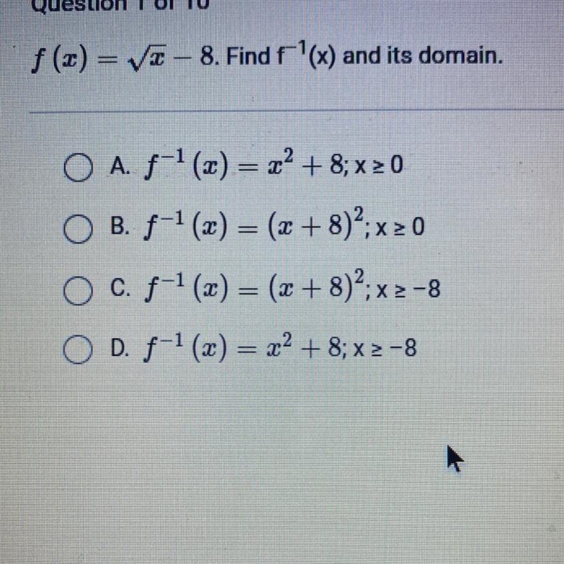 F (x) = √x -8. Find f -1 and its domain.-example-1