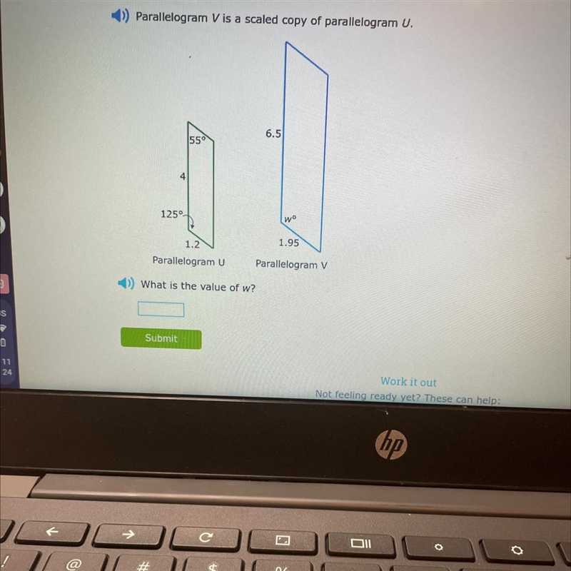 Parallelogram be is a scaled copy of parallelogram U￼ what is the value of w ( please-example-1