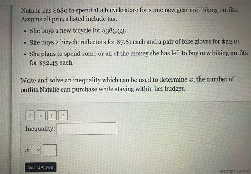 .Natalie has $680 to spend at a bicycle store for some new gear and biking outfits-example-1