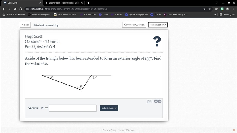 A side of the triangle below has been extended to form an exterior angle of 133°. Find-example-1