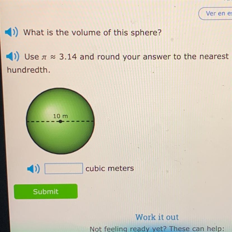 What is the volume of this sphere? Use ≈ 3.14 and round your answer to the nearest-example-1