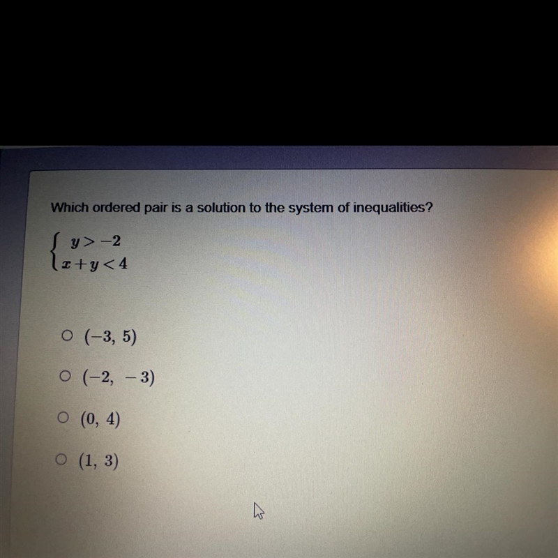 PLEASE HELP FAST Which ordered pair is a solution to the system of inequalities?-example-1