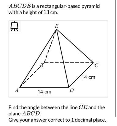 Please help asap! Find the angle between the lime CE and the plane ABCD.-example-1