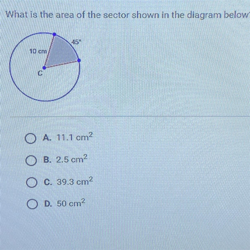 What is the area of the sector shown in the diagram below? OA. 11.1 cm² OB. 2.5 cm-example-1