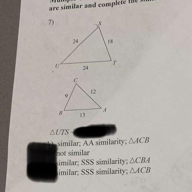 Are the triangles similar or not help-example-1