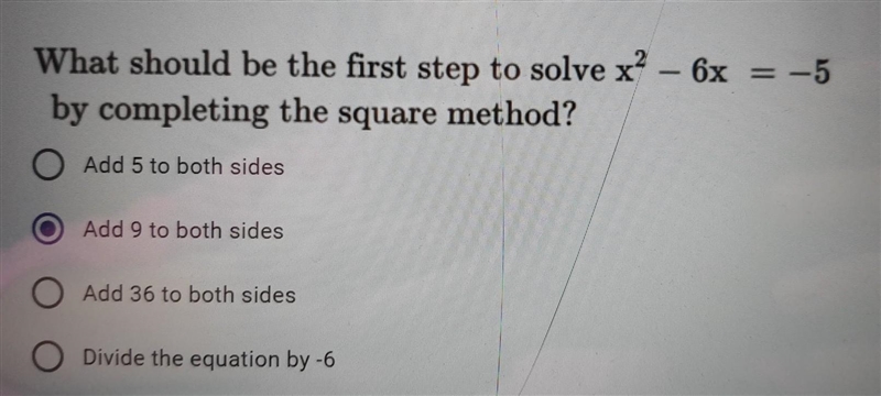 X What should be the first step to solve x² - 6x = -5 by completing the square method-example-1