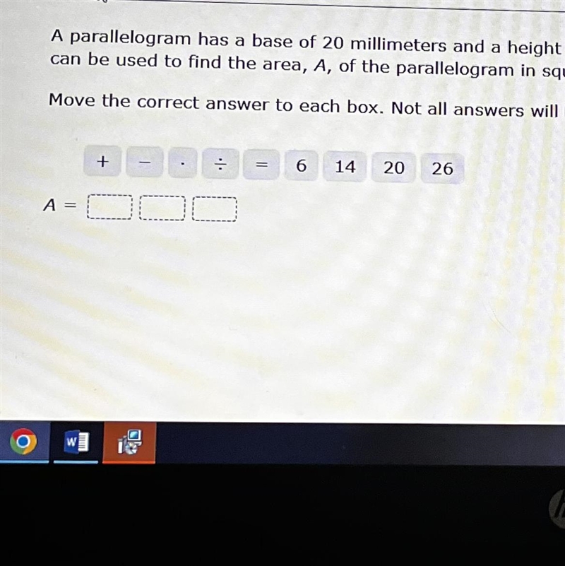 A parallelogram has a base of 20 millimeters and a height that is 6 mm less than the-example-1