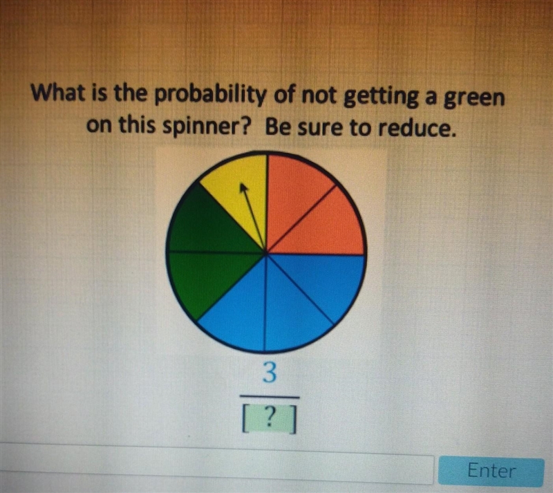 What is the probability of not getting a green on this spinner? Be sure to reduce-example-1