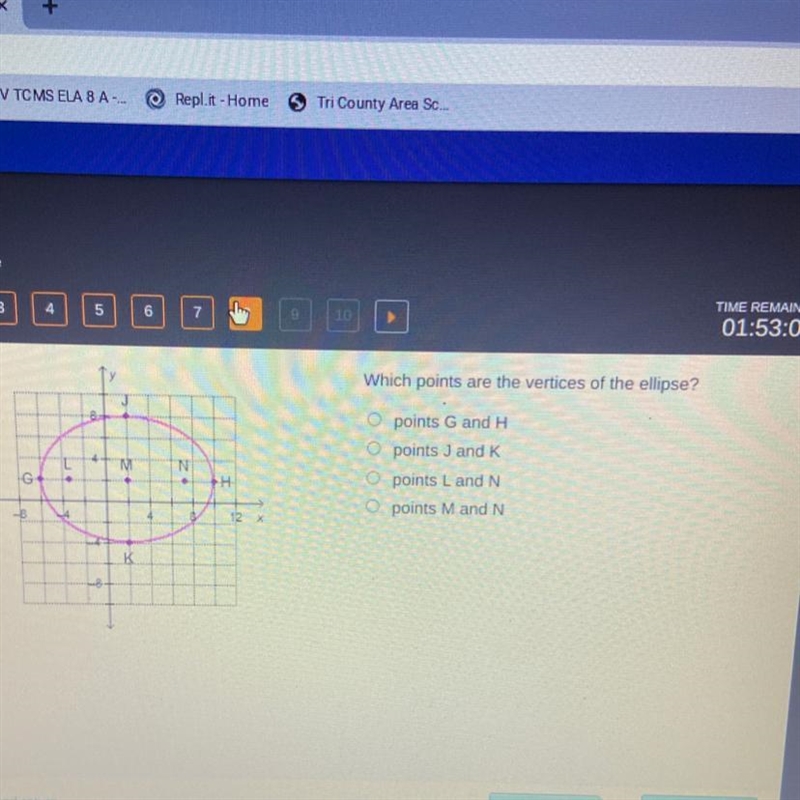 Which points are the vertices of the ellipse? points G and H points J and K points-example-1