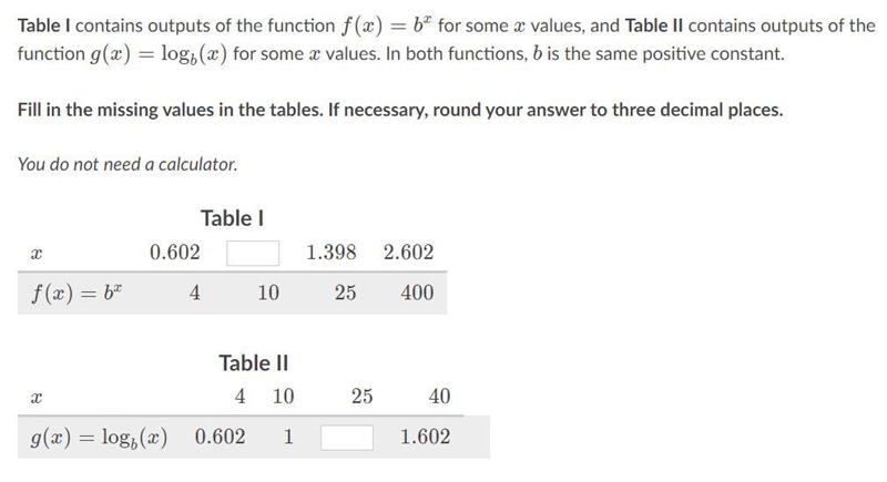 Table I contains outputs of the function f(x)=b^xf(x)=b x f, left parenthesis, x, right-example-1