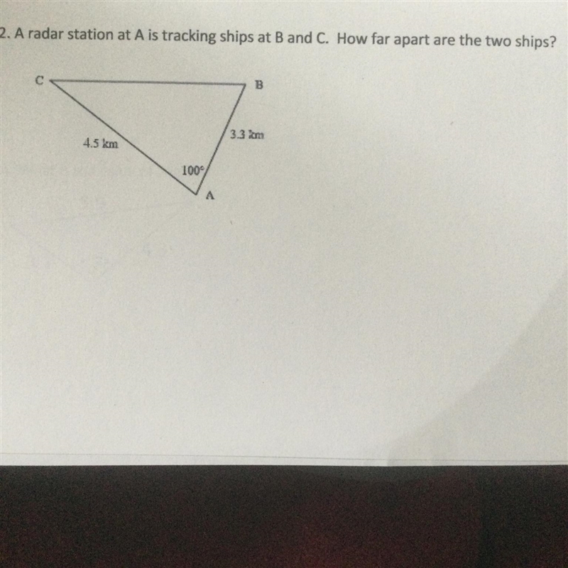 A radar station at A is tracking ships at B and C. How far apart are the two ships-example-1