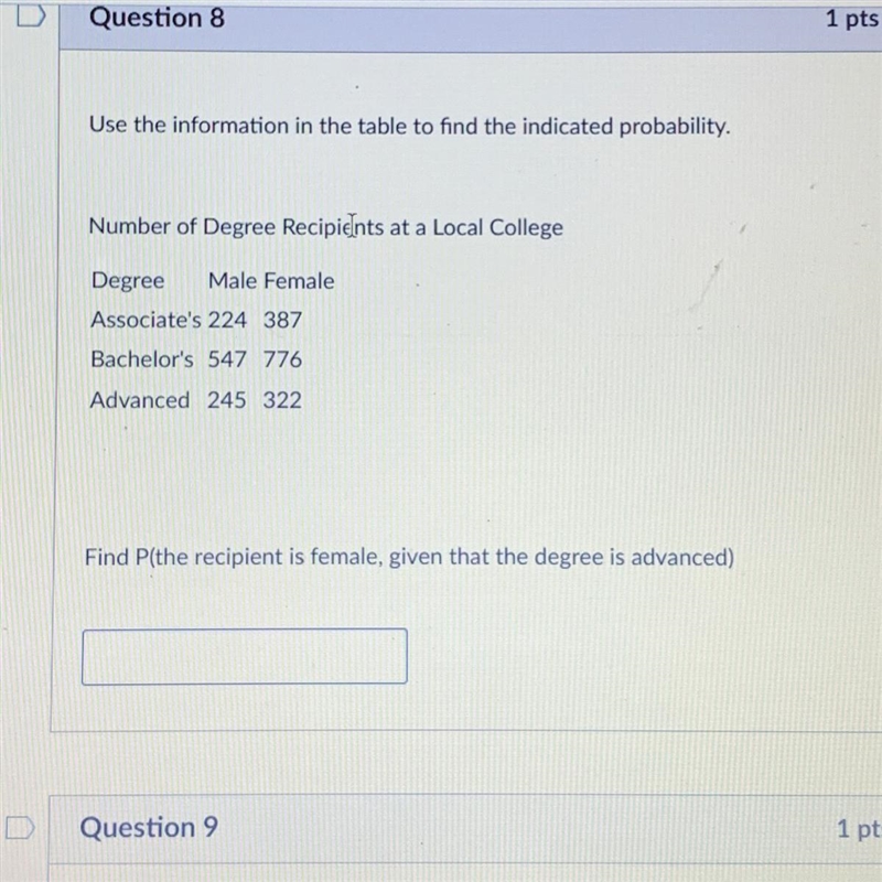 Find the P( the recipient is female given that the degree is advanced)-example-1