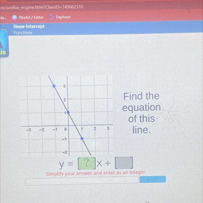 3 2 Find the equation of this line. -3 -2 -1 0 2 N -1 -2 y = [ ? ]x + Simplify your-example-1