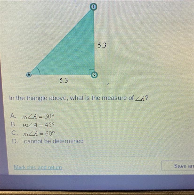 In the triangle above, what is the measure of A. M B. M C. M D , cannot be determined-example-1