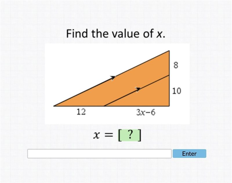 Find the value of x. PLEASE HELP Subject: Proportions in Similar Triangles-example-1