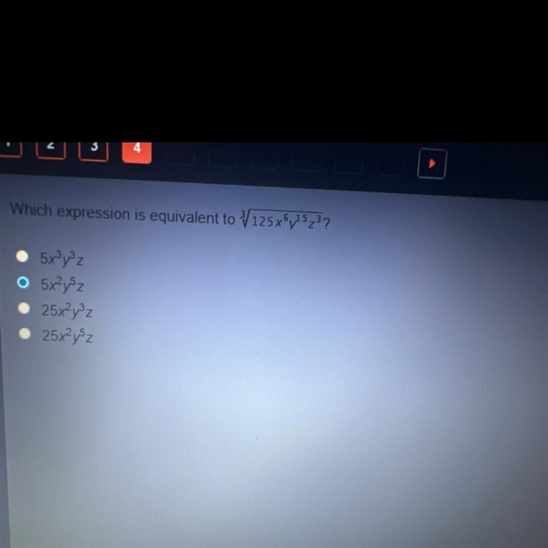 Which expression is equivalent to √125x6^y15^z3^?-example-1