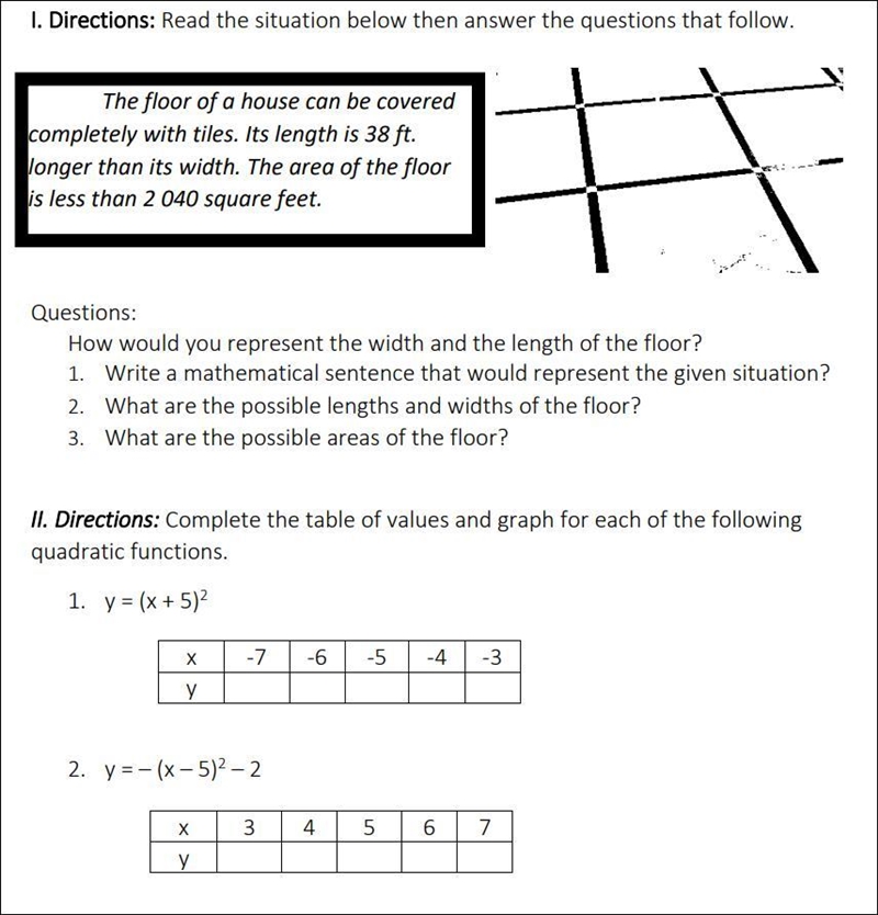 Represent A Quadratic Function Using: A Table of Values, Graph and Equation Please-example-1