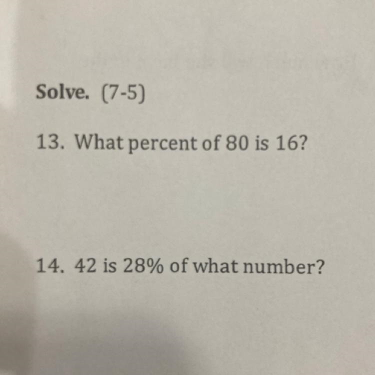 What percent of 80 is 16? 42 is 28% of what number?-example-1