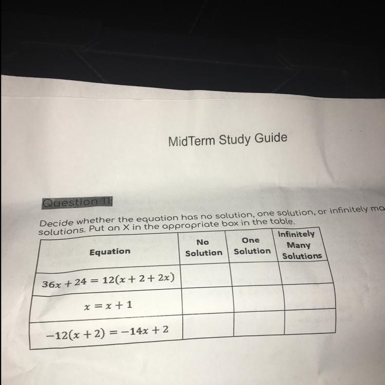 Decide whether the equation has no solution, one solution, or infinitely many solutions-example-1