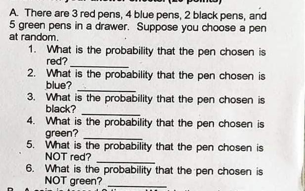 There are 3 red pens, 4 blue pens, 2 Blac pens, and 5 green pens in drawer, suppose-example-1